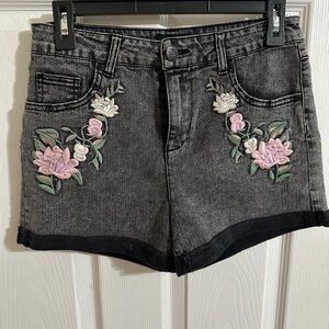 Embroidered Floral Denim Shorts